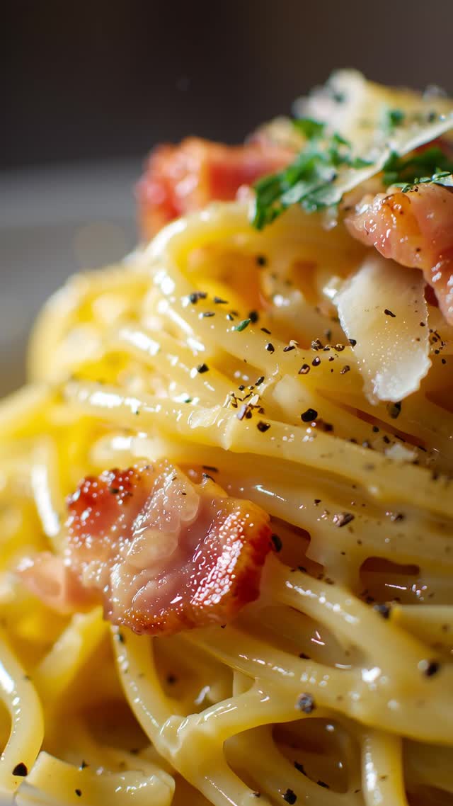 Ultra Close Up Of Spaghetti Alla Carbonara Tightly 42C5 92E6 food close-up gourmet meal pasta plate video
