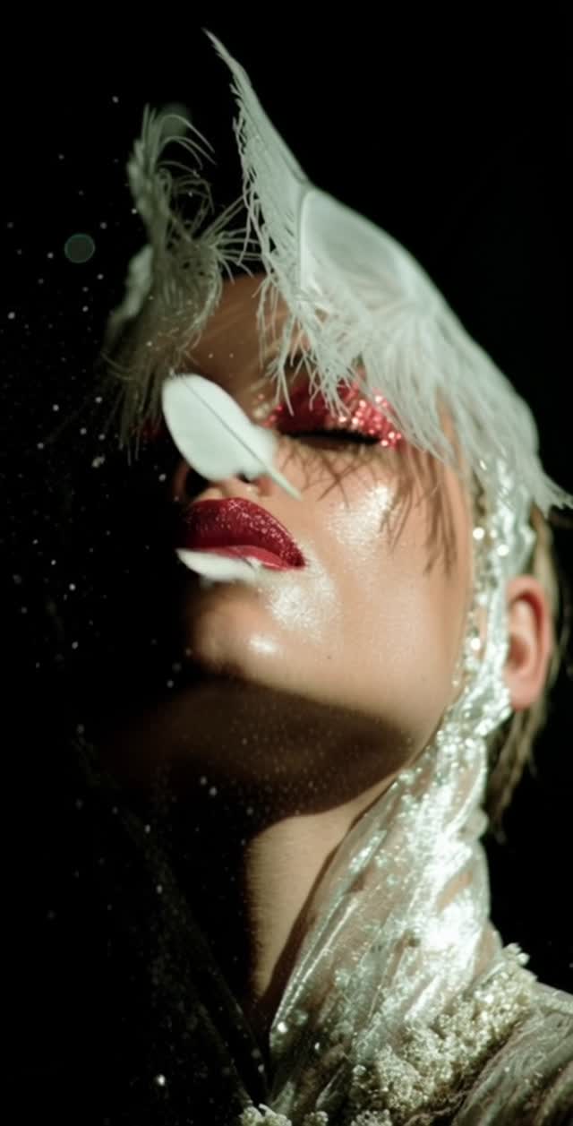 Extreme Slow Motion Of A Single Swan Feather On Woman Face women beauty one person adult caucasian ethnicity young adult