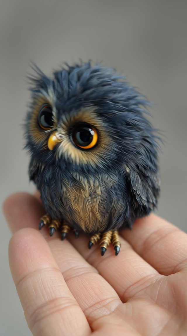 Very Cute Mini Real Owls In One Hand Blue Black Ca94 4Cb8 B50F animal feather close-up nature beak animals in the wild