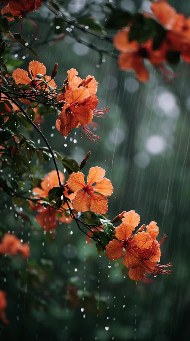 A Close Up View Of Vibrant Orange Flowers Blooming Rain nature flower close-up outdoors plant leaf