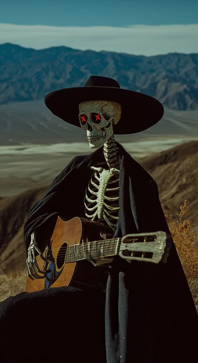 A Tall Skeleton Wearing All Black In A Long Guitar guitar men outdoors musical instrument guitarist musician