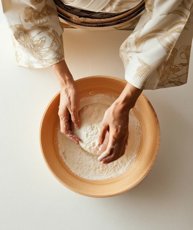 Top View Of A Japanese Chefs Hands Wearing A Clea 9Fea 4D12 Bca5 human hand flour bowl one person cooking homemade