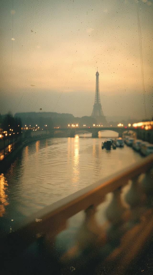 A Distant Faded Memory Of An Iconic Place Like Paris night dusk cityscape famous place architecture water video