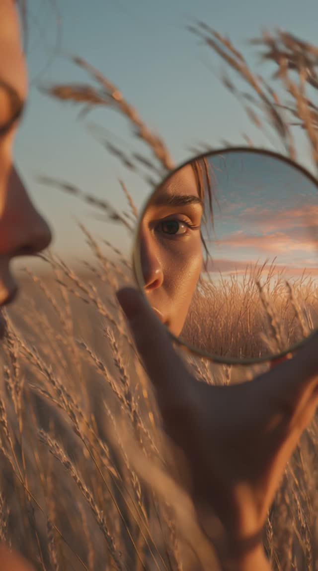 Video A Realistic Young Woman Holding A Round Mirror On Field women outdoors nature young adult sunset summer video
